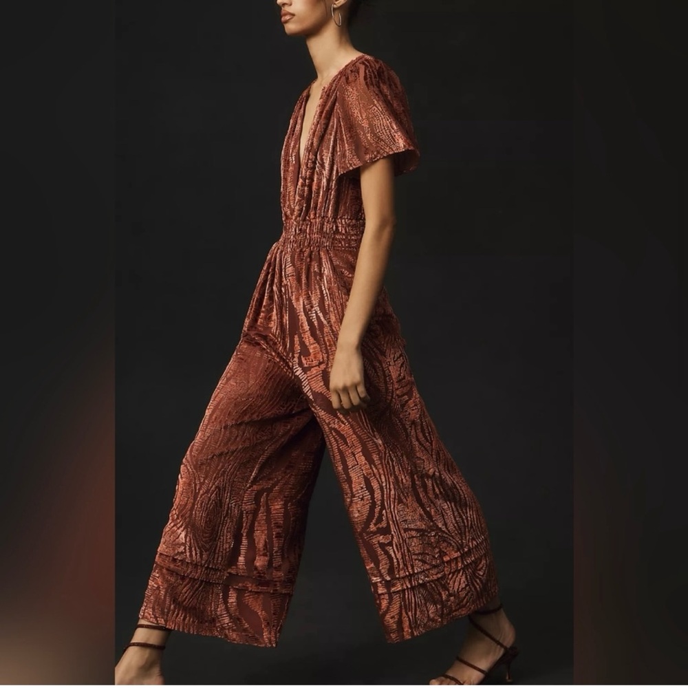 Anthropologie Somerset Jumpsuit Velvet Burnout Edition Sz Med Wide Leg Rust - Picture 3 of 16